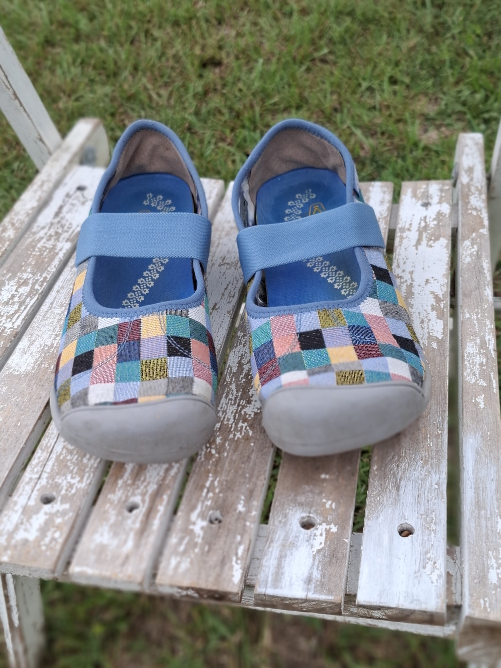 Keen Girls Multi-Color Check Flats with Light Blue Strap